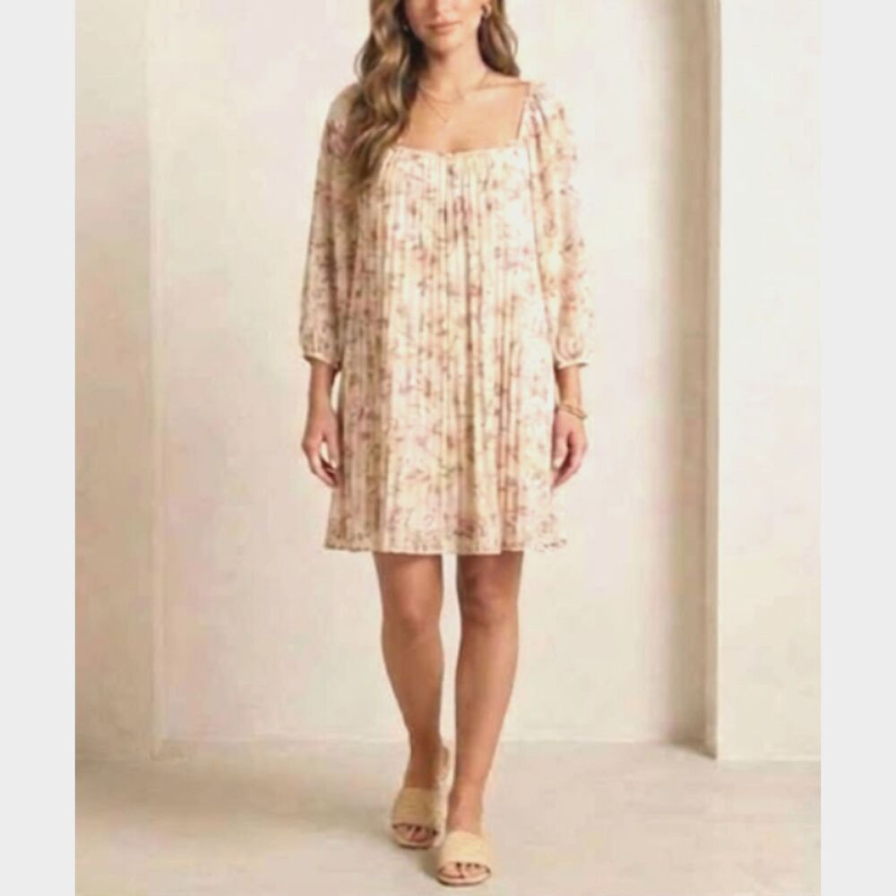 Pleated Floral Dress Med Beige Trapeze Feminine Swing Guest Cottage Boho Fairy